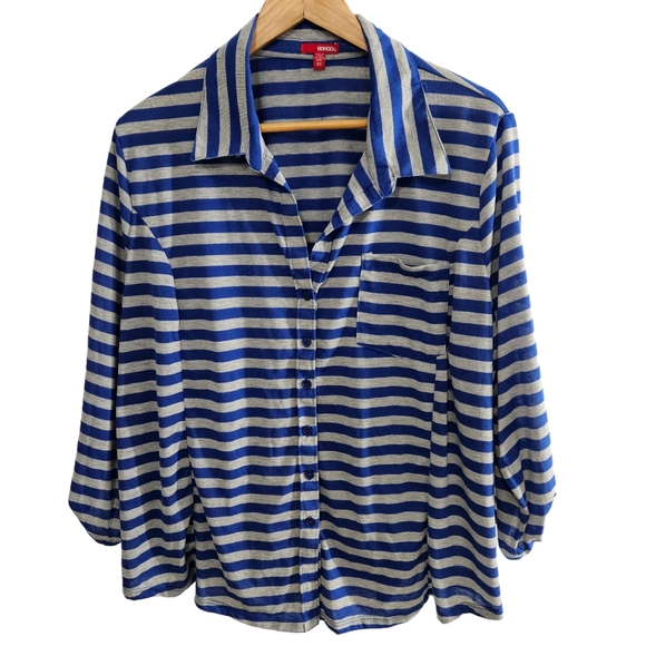 Bongo Women's Plus Stripe Nautical Coastal Roll Tab Button Up Shirt Top - Picture 1 of 13